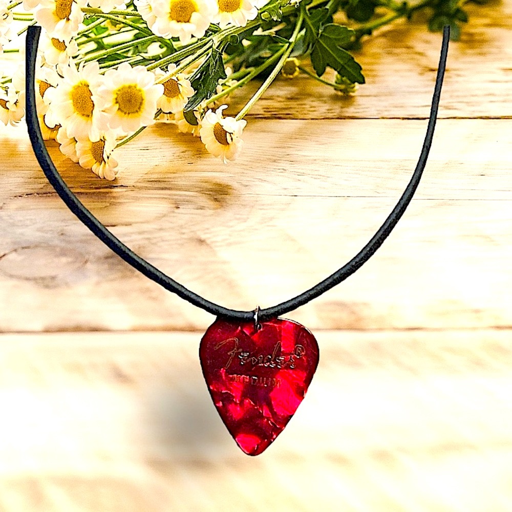 Guitar Pick Necklace Suede Cord Pearlescent Red Unisex New